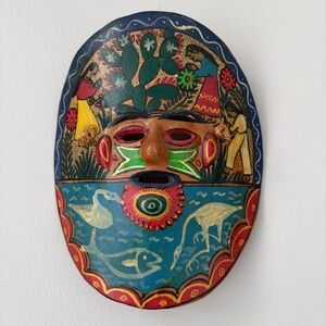 Clay Terracotta Mask Hand Painted Wall Hanging BOHO Colorful Ethnic Tribal
